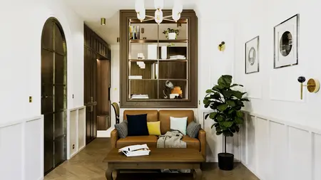 Wnętrze salonu w stylu art deco z brązową sofą i rośliną.