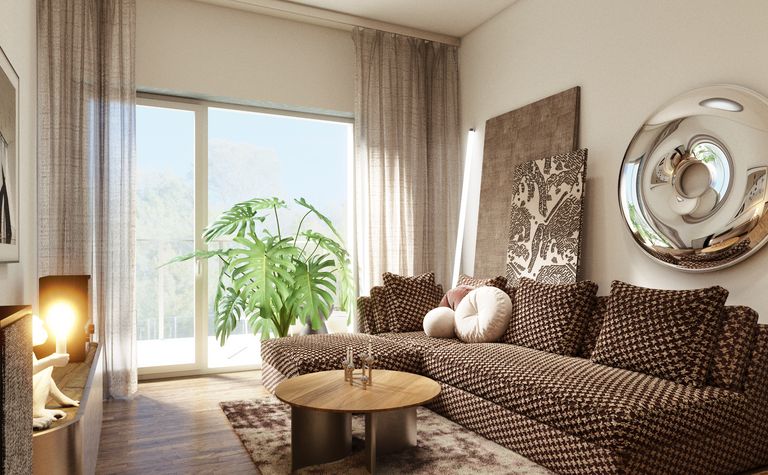 Wnętrze salonu w stylu quiet luxury i współczesnym z brązową sofą i rośliną.