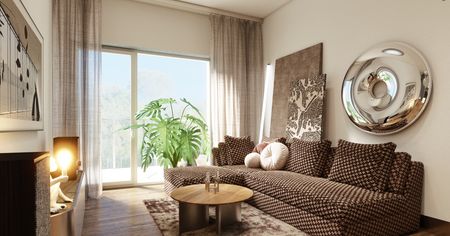 Wnętrze salonu w stylu quiet luxury i współczesnym z brązową sofą i rośliną.