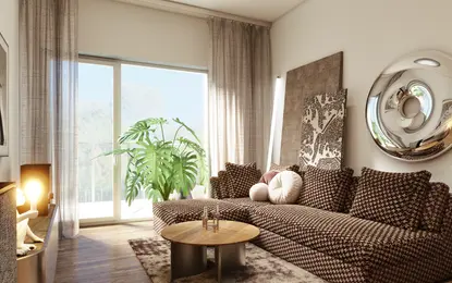 Wnętrze salonu w stylu quiet luxury i współczesnym z brązową sofą i rośliną.