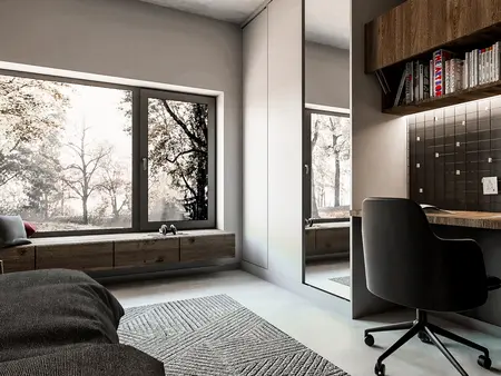 Wnętrze z dużymi oknami, drewnianymi akcentami i biurkiem w stylu industrialnym.