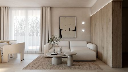 Wnętrze salonu w stylu japandi i soft minimalizm z jasnymi meblami.
