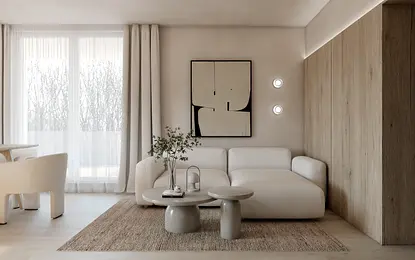 Wnętrze salonu w stylu japandi i soft minimalizm z jasnymi meblami.