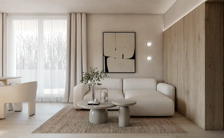 Wnętrze salonu w stylu japandi i soft minimalizm z jasnymi meblami.