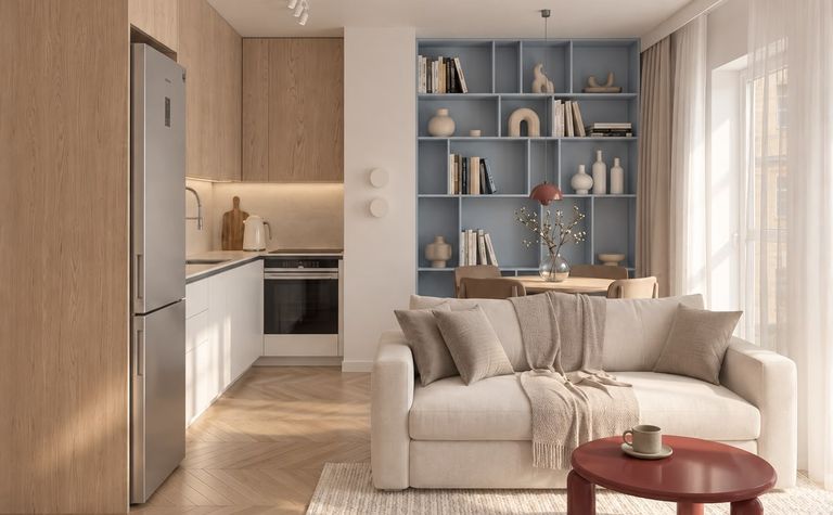 Wnętrze salonu w stylu eklektycznym i minimalistycznym z nowoczesnymi detalami.