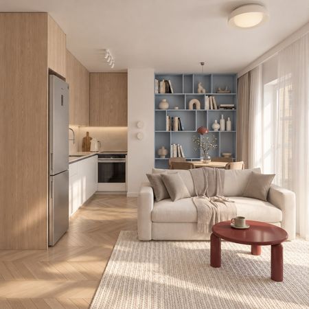 Wnętrze salonu w stylu eklektycznym i minimalistycznym z nowoczesnymi detalami.