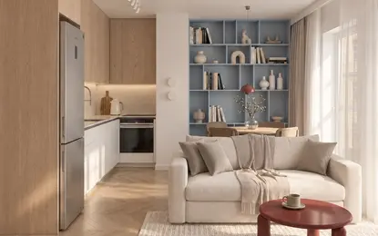 Wnętrze salonu w stylu eklektycznym i minimalistycznym z nowoczesnymi detalami.