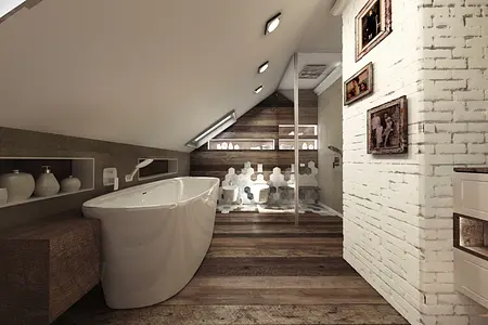 Wnętrze łazienki w stylu skandynawskim z wanną i drewnianymi detalami.
