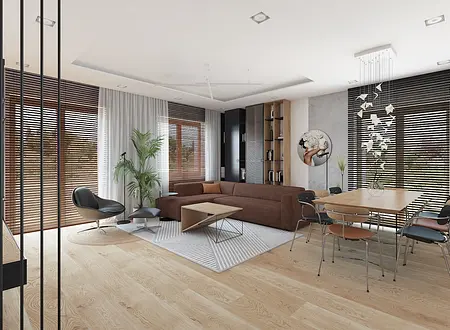 Wnętrze salonu w stylu dopamine decor, minimalistycznym i soft minimalizm z brązową kanapą.