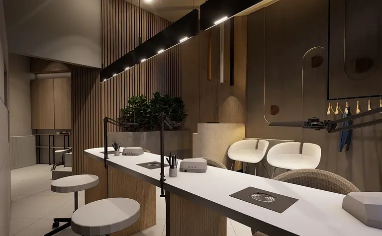 Wnętrze z drewnianym blatem, białymi krzesłami i roślinami w stylu boho, japandi i minimalistycznym.