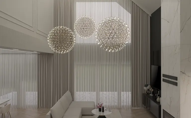 Wnętrze salonu w stylu glamour i nowoczesnym z jasną sofą i dużymi oknami.