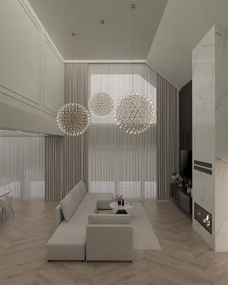 Wnętrze salonu w stylu glamour i nowoczesnym z jasną sofą i dużymi oknami.