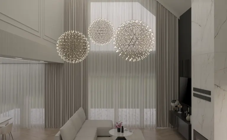 Wnętrze salonu w stylu glamour i nowoczesnym z jasną sofą i dużymi oknami.