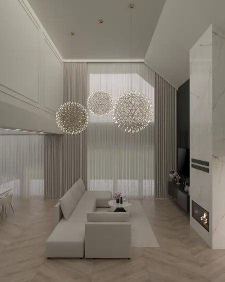Wnętrze salonu w stylu glamour i nowoczesnym z jasną sofą i dużymi oknami.