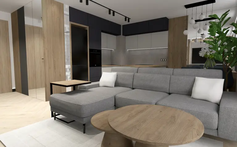 Wnętrze salonu z szarym narożnikiem i drewnianymi akcentami w stylu industrialnym i nowoczesnym
