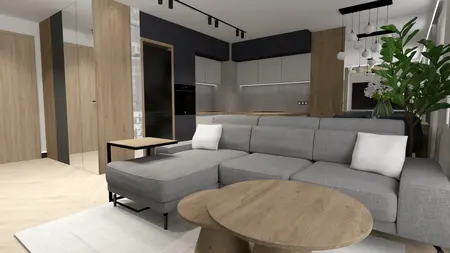 Wnętrze salonu z szarym narożnikiem i drewnianymi akcentami w stylu industrialnym i nowoczesnym