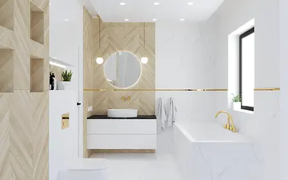 Minimalistyczna łazienka z białymi płytkami, drewnem i nowoczesnymi detalami