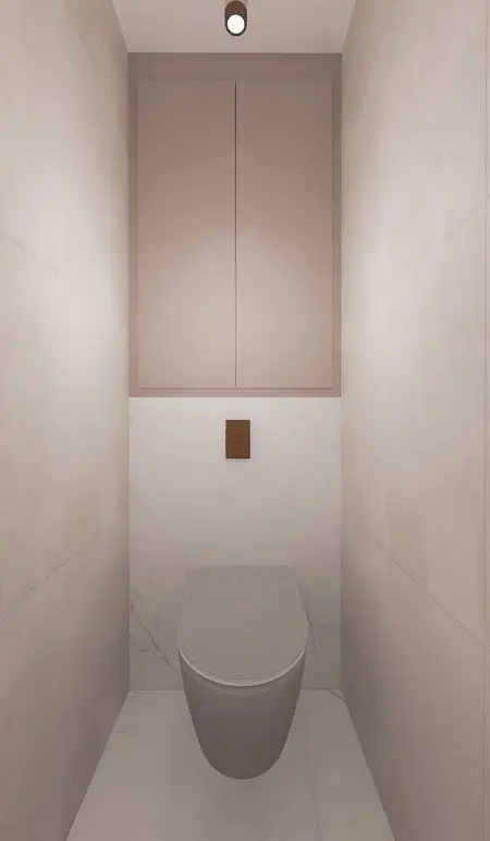 Wnętrze toalety w stylu art deco z elementami glamour i minimalistycznymi akcentami.
