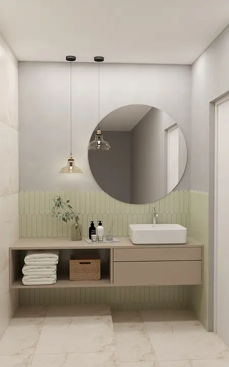 Nowoczesna łazienka w stylu japandi z minimalistycznymi meblami.