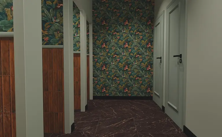 Przedpokój z eklektyczną tapetą i drewnianymi elementami