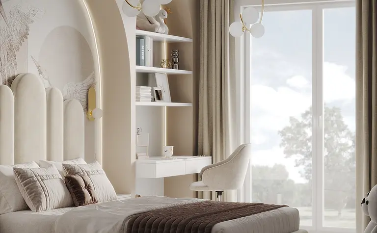 Sypialnia w stylu quiet luxury z beżowym łóżkiem i białymi meblami.