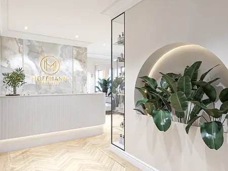 Recepcja z minimalistycznym wystrojem, roślinami i nowoczesnymi akcentami.