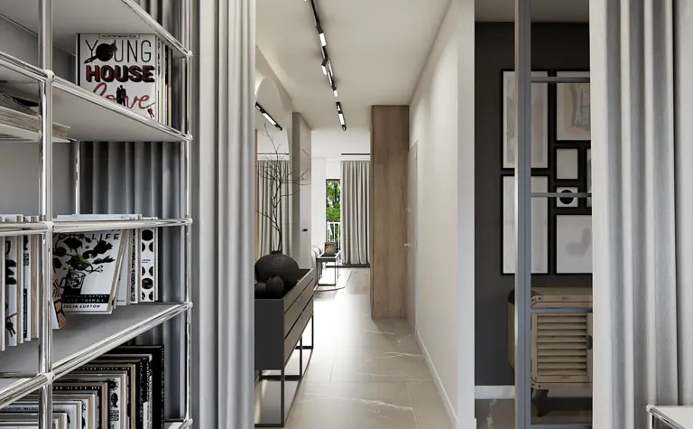Wnętrze korytarza w stylu eklektycznym z minimalistycznymi zasłonami i skandynawskimi detalami.