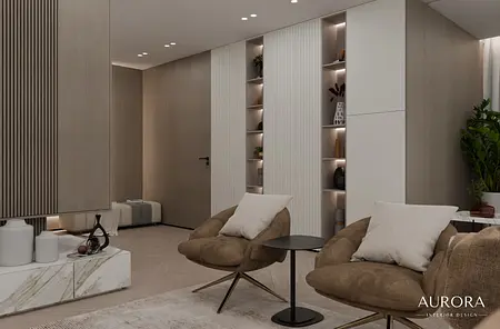 Wnętrze salonu w stylu minimaluxe i nowoczesnym z brązowymi fotelami i białymi akcentami.