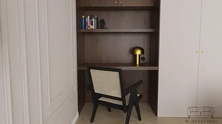 Gabinet w minimalistycznym stylu z drewnianą półką i nowoczesnym fotelem.