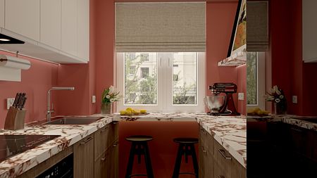 Kuchnia w stylu dopamine decor z marmurowym blatem i różowymi ścianami, minimalistyczna i nowoczesna.