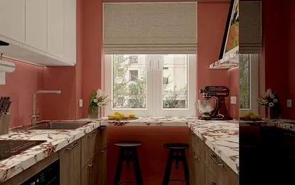 Kuchnia w stylu dopamine decor z marmurowym blatem i różowymi ścianami, minimalistyczna i nowoczesna.