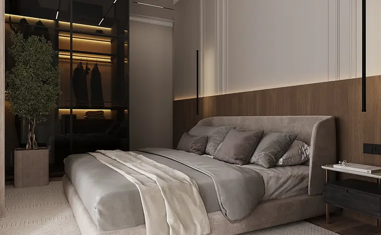 Wnętrze sypialni z szarym łóżkiem, drewnianymi detalami, styl art deco i minimalistyczny.