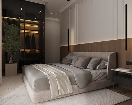 Wnętrze sypialni z szarym łóżkiem, drewnianymi detalami, styl art deco i minimalistyczny.