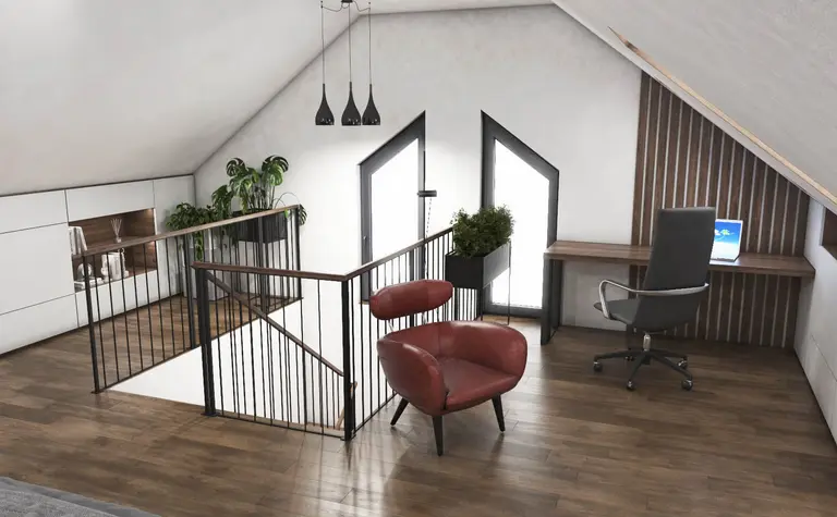 Poddasze w stylu industrialnym z minimalistycznym biurkiem i nowoczesną czerwoną sofą.