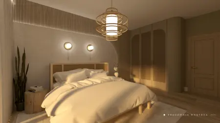 Sypialnia w stylu boho, japandi, minimalistycznym, nowoczesnym, współczesnym z beżowymi meblami.