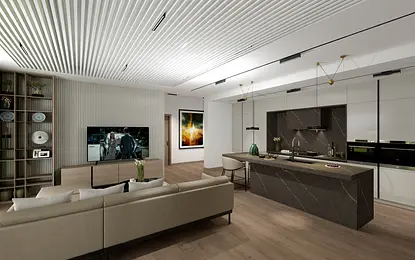 Wnętrze kuchni z tradycyjnymi i współczesnymi elementami, brązowy blat, białe meble.