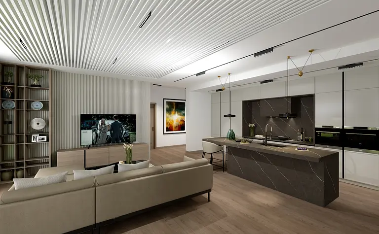 Wnętrze kuchni z tradycyjnymi i współczesnymi elementami, brązowy blat, białe meble.