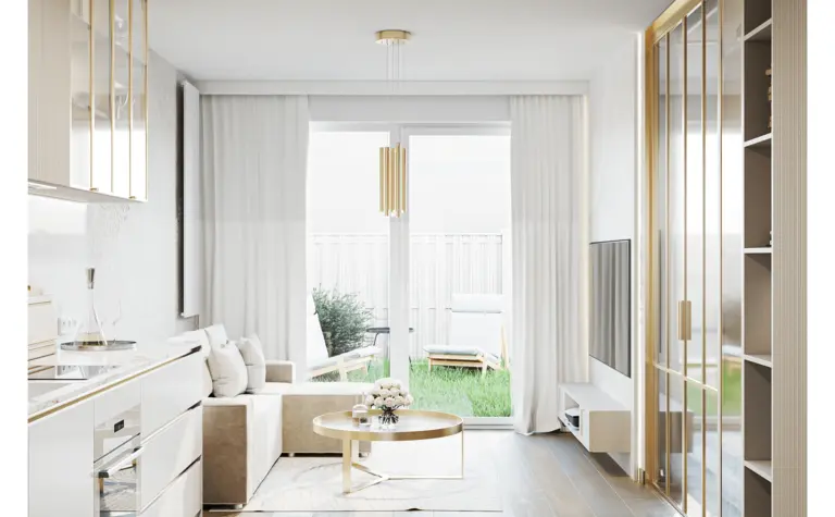 Wnętrze kuchni w stylu glamour z minimalistycznymi akcentami, nowoczesnymi meblami i dużymi oknami.