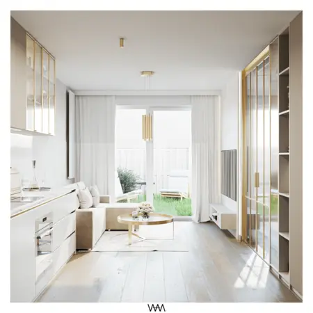 Wnętrze kuchni w stylu glamour z minimalistycznymi akcentami, nowoczesnymi meblami i dużymi oknami.