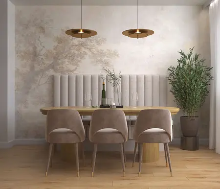 Jadalnia w stylu boho z drewnianym stołem i roślinami.