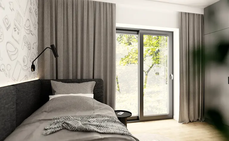 Wnętrze sypialni z minimalistycznym stylem, nowoczesne zasłony i skandynawskie akcenty.