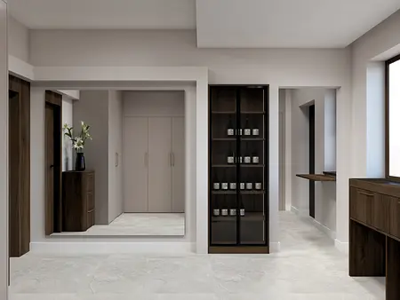 Wnętrze przedpokoju z beżowymi ścianami i drewnianymi meblami, styl współczesny.