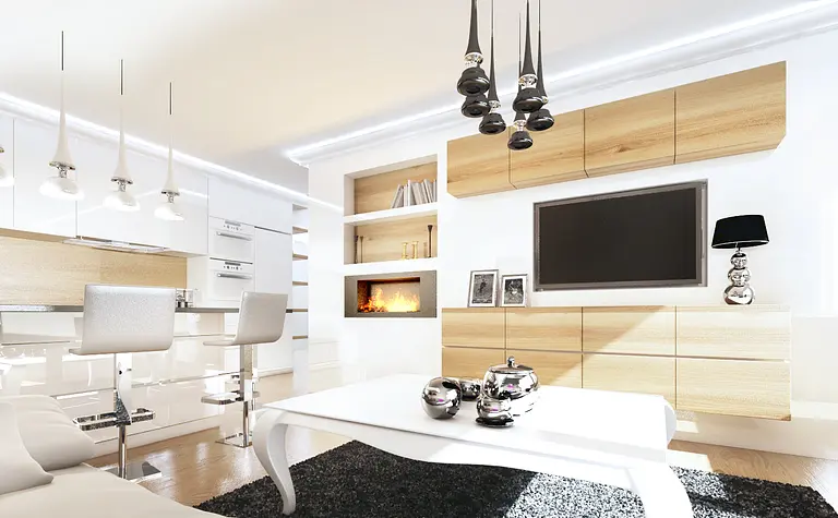 Wnętrze salonu w stylu glamour z białymi meblami, drewnem i minimalistycznymi detalami.