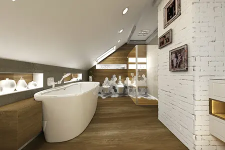 Wnętrze łazienki z białą wanną i drewnianymi detalami, styl skandynawski.