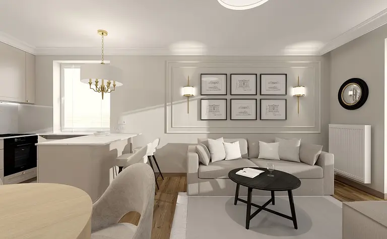 Salon w stylu tradycyjnym z szarymi meblami, drewnianą podłogą i eleganckim oświetleniem.