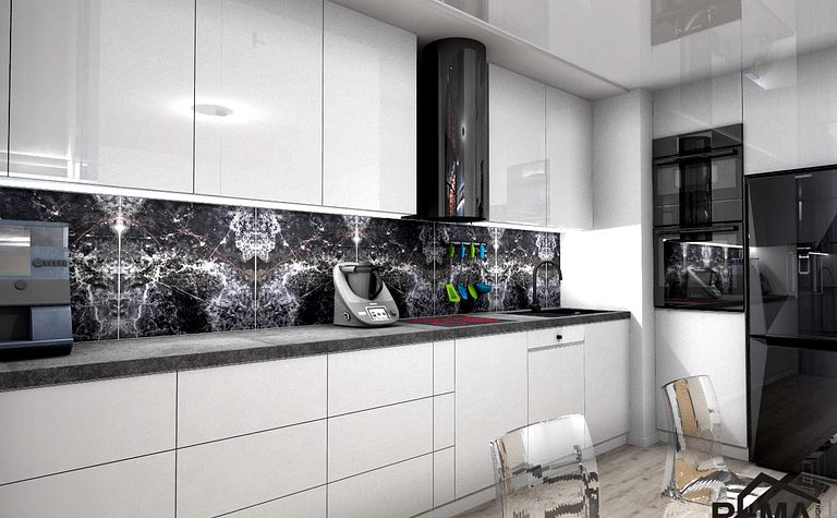 Kuchnia w stylu industrialnym i minimalistycznym z białymi meblami i czarnym blatem.