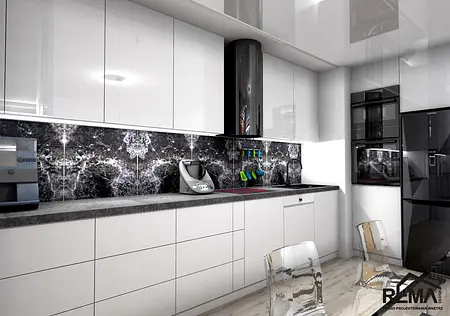 Kuchnia w stylu industrialnym i minimalistycznym z białymi meblami i czarnym blatem.