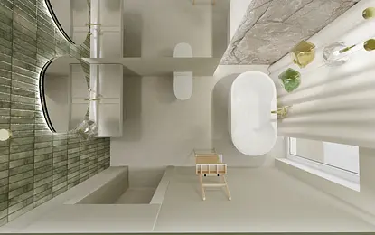 Nowoczesna łazienka z minimalistycznymi akcentami, boho i japandi.