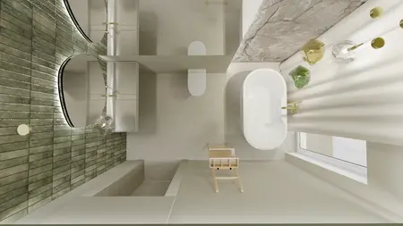 Nowoczesna łazienka z minimalistycznymi akcentami, boho i japandi.