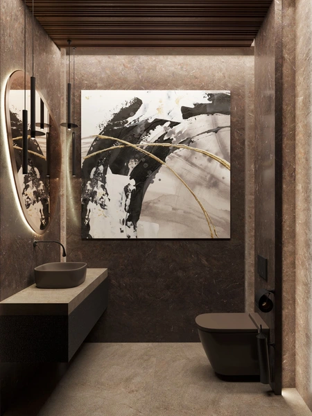 Nowoczesna łazienka z brązowymi elementami, minimalistyczna, quiet luxury, soft minimalizm